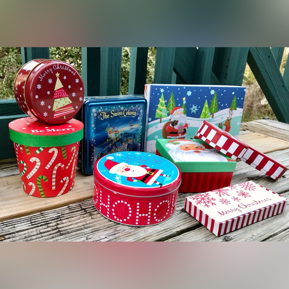 Mixed Lot Christmas Holiday Tins Boxes Sturdy Gift Giving Containers Presents